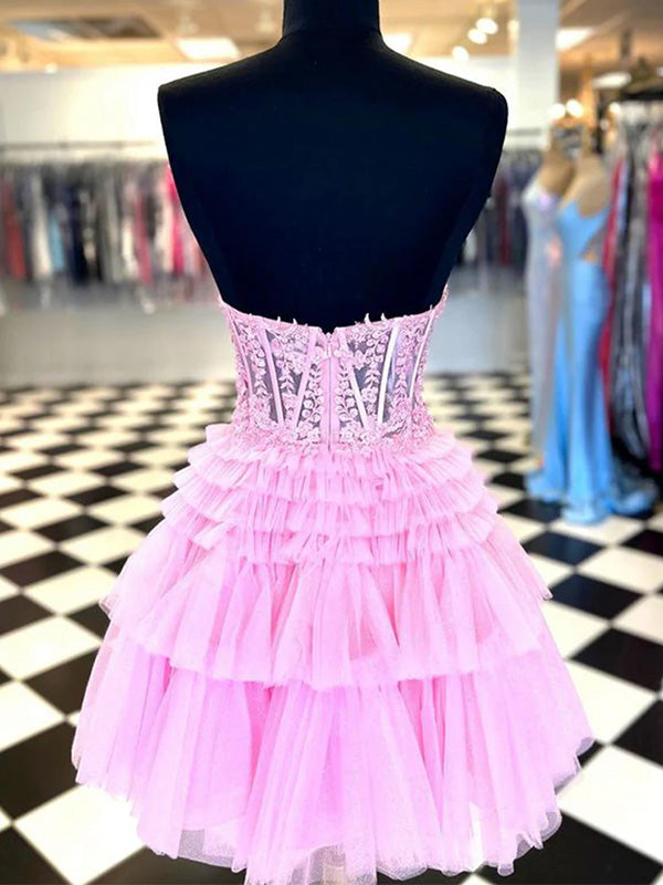 Unique Sweetheart Short A-line Tulle Pink Homecoming Dresses For Party, PGH157