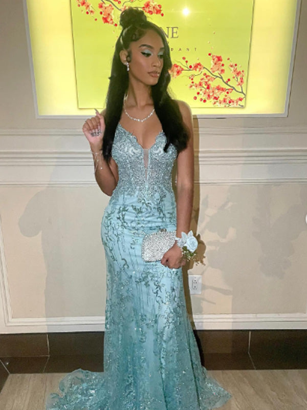 Elegant Spaghetti Strap V-neck Sleeveless Mermaid Lace Long Prom Dresses For Party, PG555