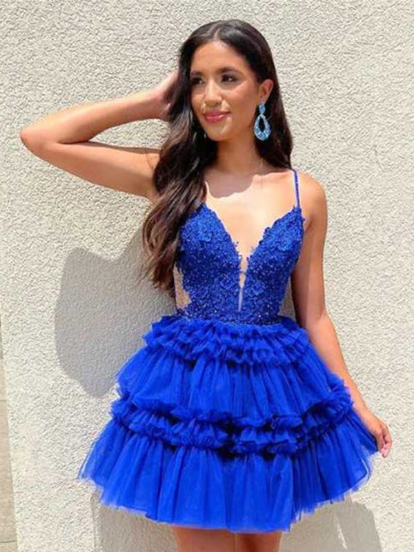 Sexy Spaghetti Strap V-neck Sleeveless Short A-line Tulle Homecoming Dresses For Party, PGH221