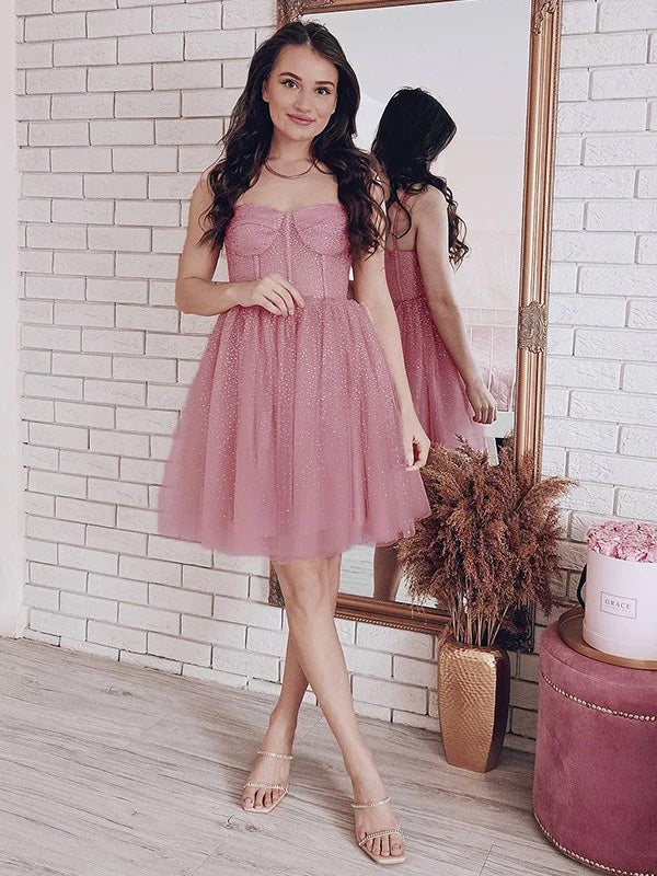 Elegant Spaghetti Strap Sleeveless Short A-line Tulle Homecoming Dresses For Party, PGH309