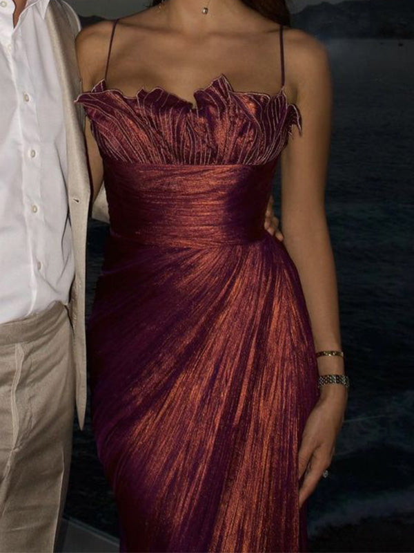Elegant Spaghetti Strap Sleeveless Mermaid Satin Long Prom Dresses For Party, PG619
