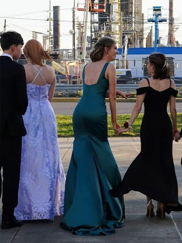 Sexy Square Sleeveless Mermaid Satin Long Prom Dresses With Trailing For Party, PG272