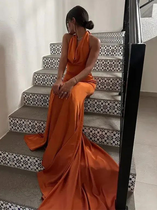 Simple Halter Sleeveless Mermaid Satin Long Prom Dresses For Party, PG627