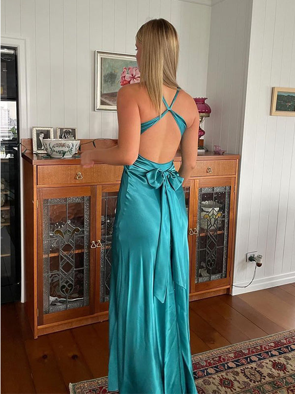 Sexy V-neck Sleeveless Mermaid Satin Long Prom Dresses For Party, PG707