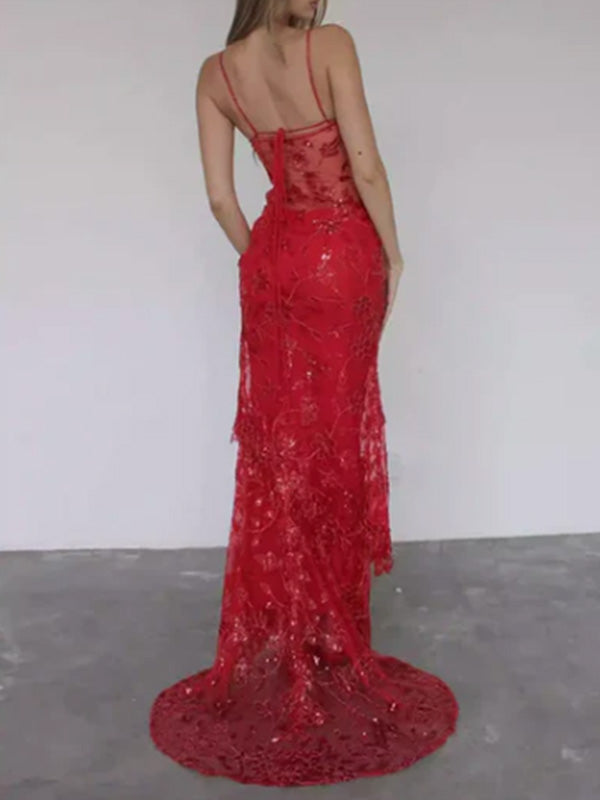Elegant Spaghetti Strap Sleeveless Mermaid Lace Long Prom Dresses For Party, PG587
