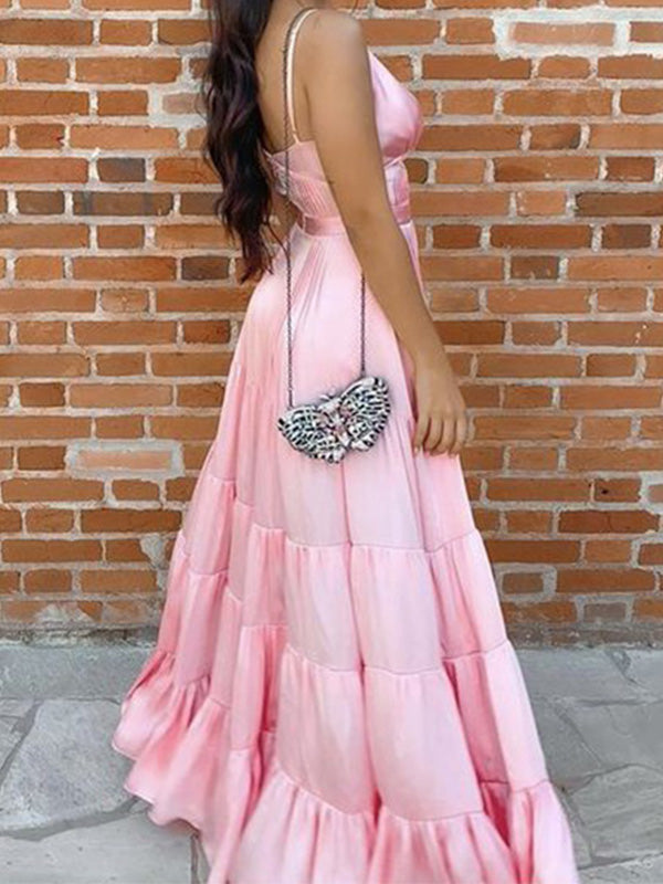 Cute Spaghetti Strap V-neck Sleeveless A-line Satin Long Prom Dresses For Party, PG495