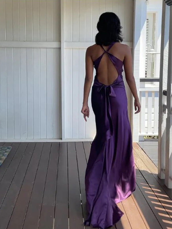 Soft V-neck Sleeveless Mermaid Satin Long Prom Dresses For Party, PG825