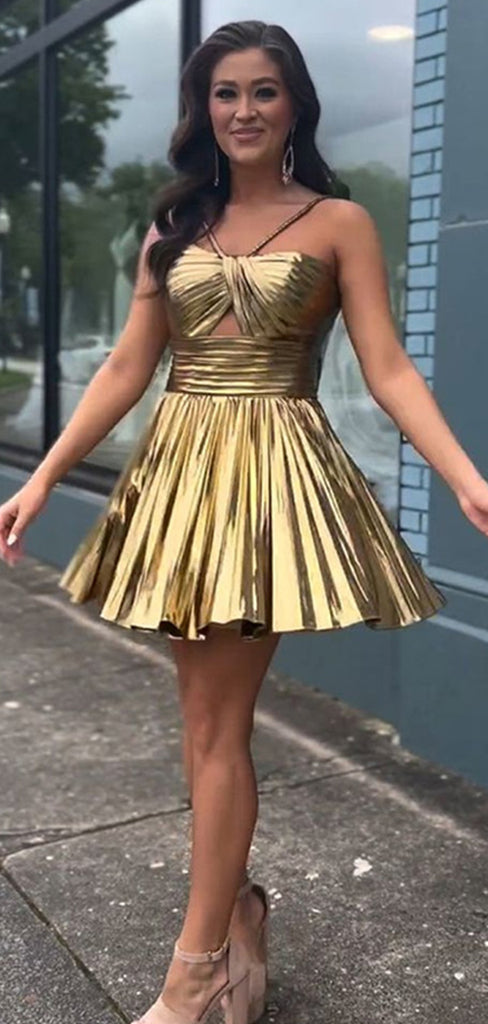 Shiny Halter Strap Sleeveless Short A-line Golden Homecoming Dresses For Party, PGH101