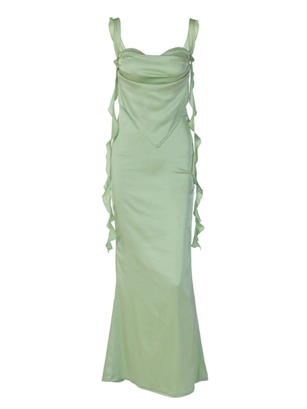 Soft Spaghetti Strap Sleeveless Mermaid Satin Long Prom Dresses For Party, PG487