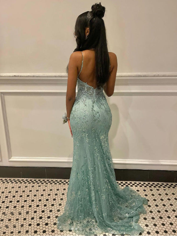 Elegant Spaghetti Strap V-neck Sleeveless Mermaid Lace Long Prom Dresses For Party, PG555