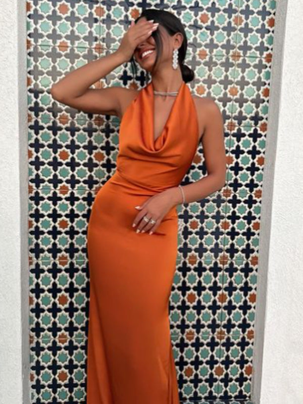 Simple Halter Sleeveless Mermaid Satin Long Prom Dresses For Party, PG627