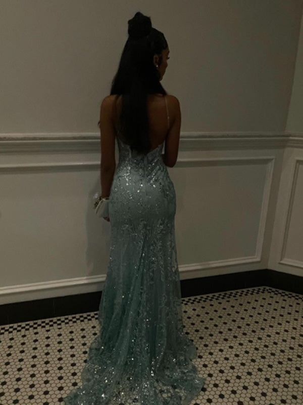 Elegant Spaghetti Strap V-neck Sleeveless Mermaid Lace Long Prom Dresses For Party, PG555