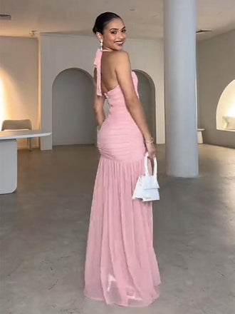 Sexy Halter Sleeveless Mermaid Chiffon Long Prom Dresses For Party, PG798