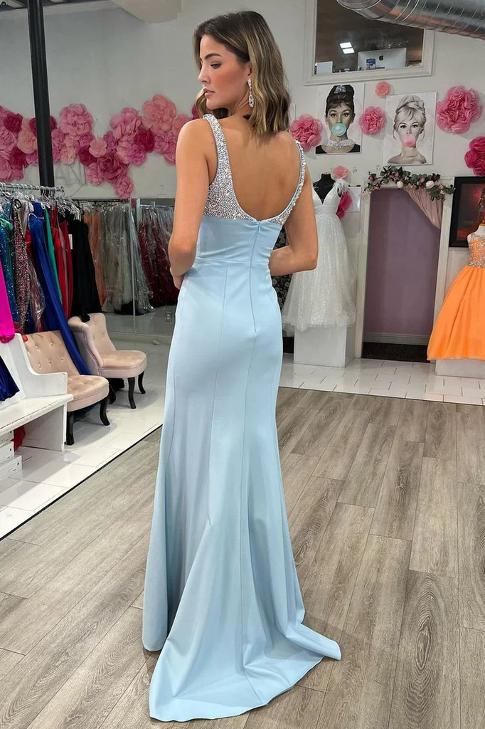 Elegant Square Sleeveless Mermaid With Front Split Long Prom Dresses, PG62