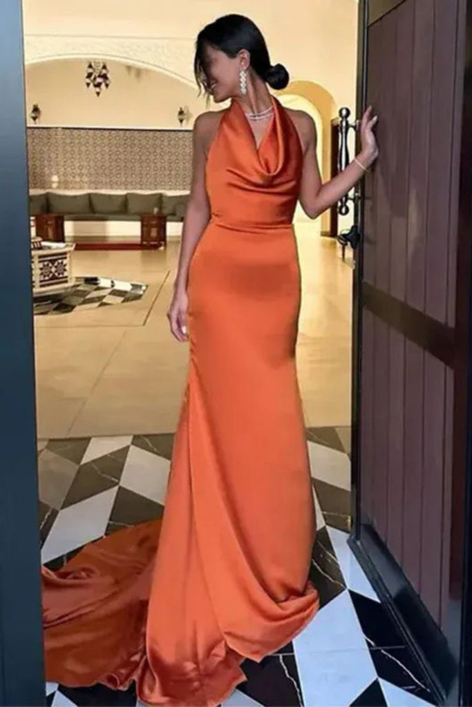 Simple Halter Sleeveless Mermaid Satin Long Prom Dresses For Party, PG627