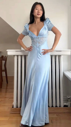 Cute V-neck Sleeveless Mermaid Satin Long Prom Dresses For Party, PG1008