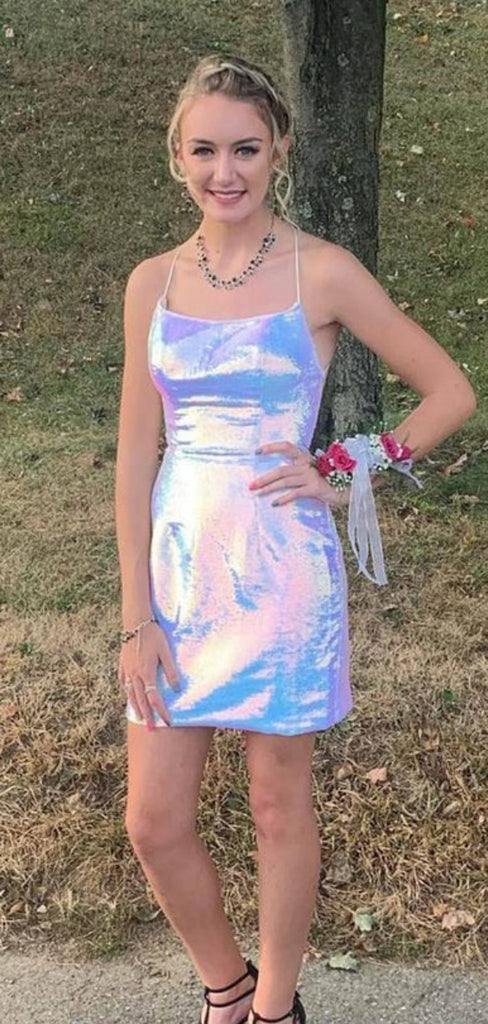 Simple Spaghetti Strap Short Sleeveless Sequin Mermaid Homecoming Dresses For Party, PGH321