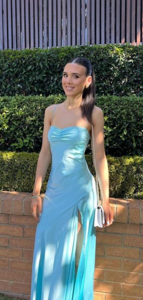 Simple Spaghetti Strap Sleeveless A-line Satin Long Prom Dresses With Slit For Party, PG305