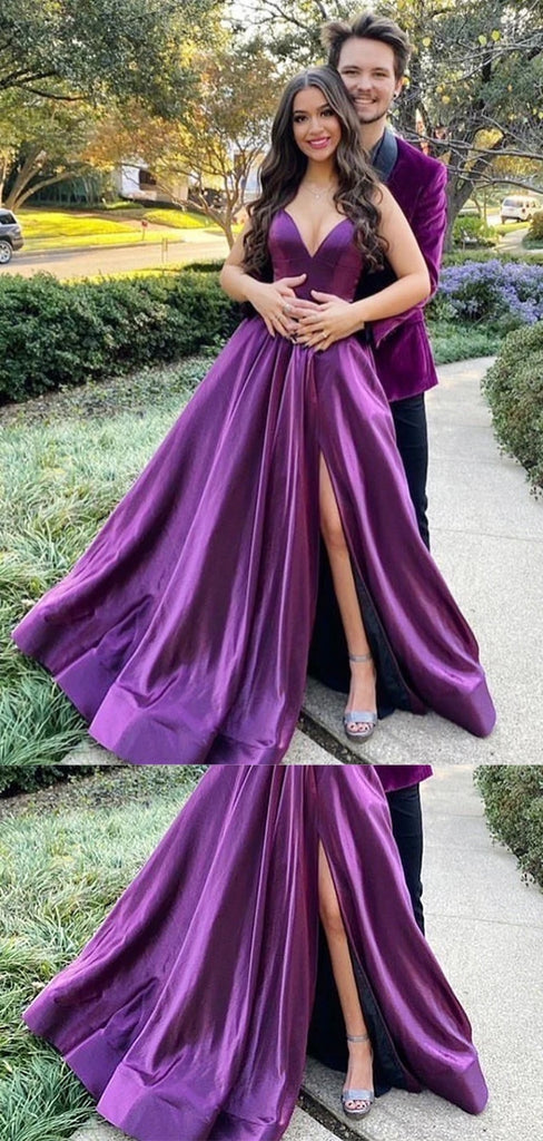 Formal V-neck Sleeveless Satin A-line Long Prom Dresses With Slit For Party, PG244