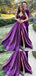 Formal V-neck Sleeveless Satin A-line Long Prom Dresses With Slit For Party, PG244