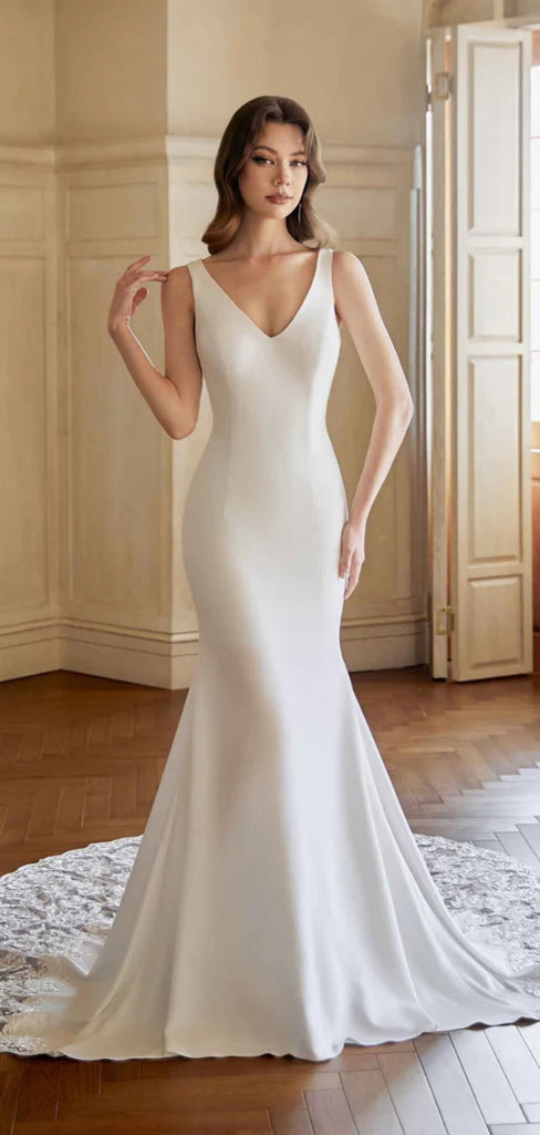 Sexy V-neck Sleeveless Mermaid White Long Wedding Dresses With Trailing, PGW16