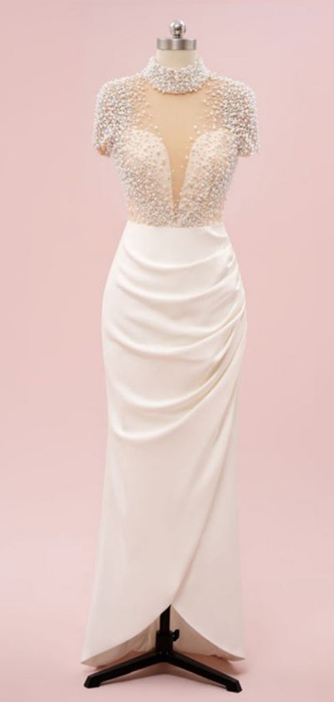 Elegant Cap Sleeve Beading Mermaid Satin Long Prom Dresses For Party, PG217