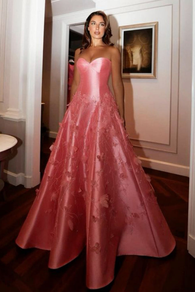 Elegant Sweetheart Sleeveless A-line Satin Pink Long Prom Dresses For Party, PG575