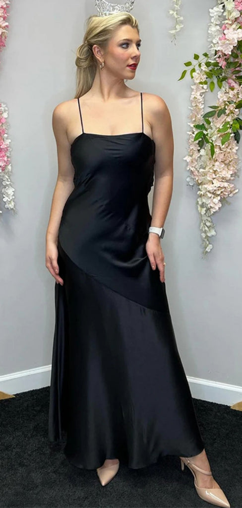 Sexy Spaghetti Strap Black Sleeveless Mermaid Satin Long Prom Dresses For Party, PG257