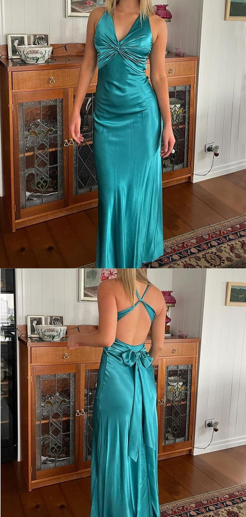 Sexy V-neck Sleeveless Mermaid Satin Long Prom Dresses For Party, PG707
