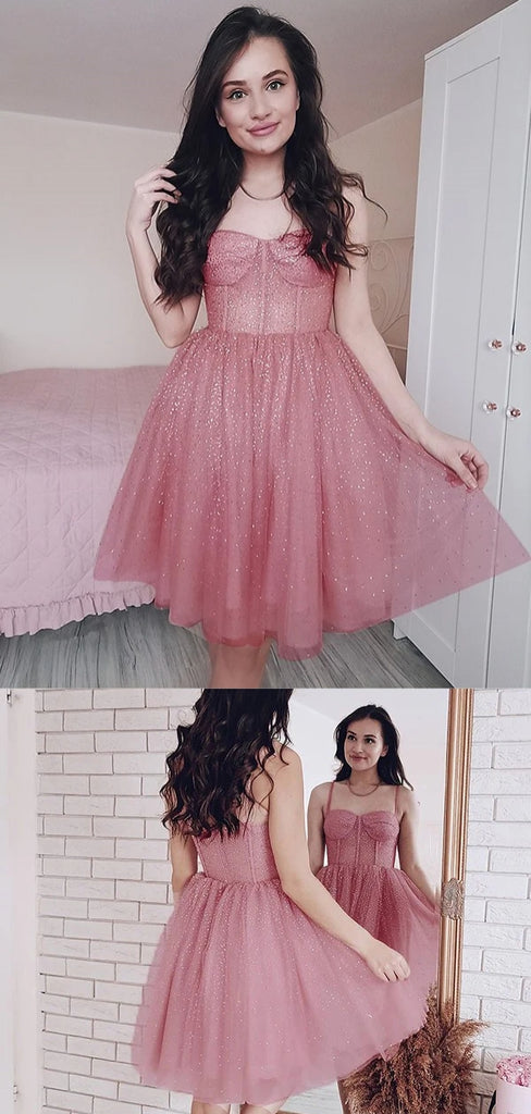 Elegant Spaghetti Strap Sleeveless Short A-line Tulle Homecoming Dresses For Party, PGH309