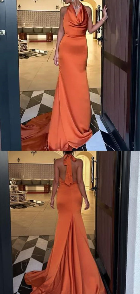 Simple Halter Sleeveless Mermaid Satin Long Prom Dresses For Party, PG627