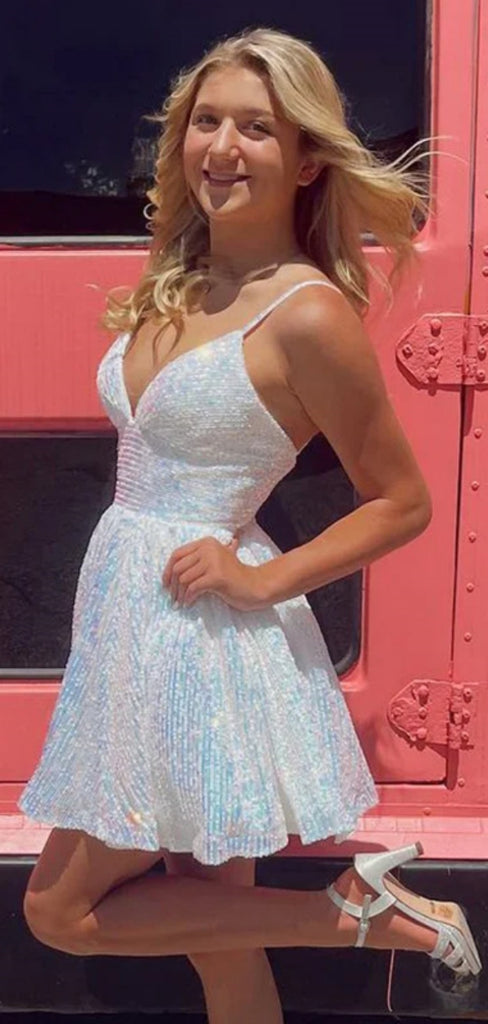 Shiny Spaghetti Strap V-neck Sleeveless Short Sequin A-line Homecoming Dresses For Party, PGH197