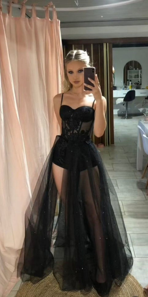 Sexy Spaghetti Strap Sleeveless Mermaid Tulle Black Long Prom Dresses For Party, PG539