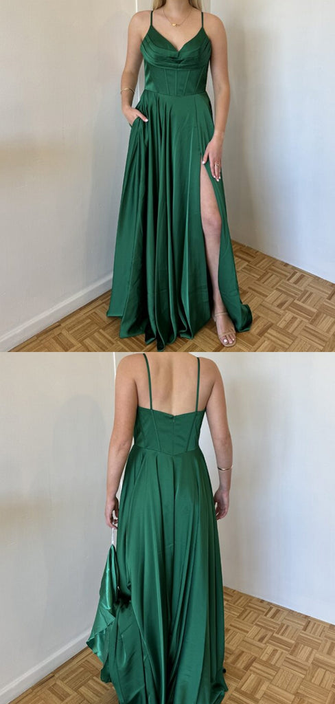 Sexy Spaghetti Strap Sleeveless A-line Satin Long Prom Dresses For Party, PG325