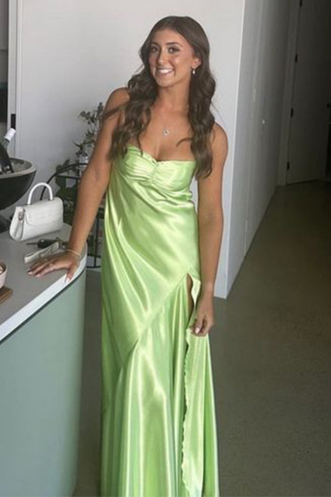 Soft Spaghetti Strap Sleeveless A-line Satin Long Prom Dresses For Party, PG661