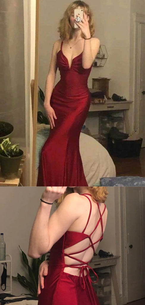 Sexy Spaghetti Strap Sleeveless Mermaid Satin Long Prom Dresses For Party, PG377