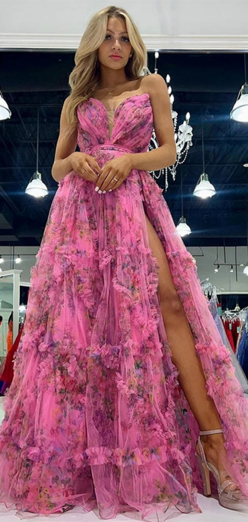 Elegant Sweetheart Sleeveless A-line Tulle Long Prom Dresses With Side Slit For Party, PG237