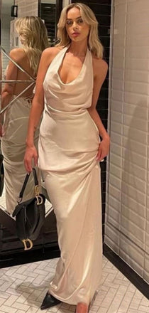 Sexy V-neck Sleeveless Mermaid Satin Long Prom Dresses For Party, PG833