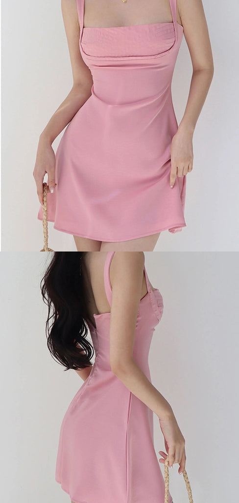 Sexy Spaghetti Strap Sleeveless Mermaid Satin Short Pink Homecoming Dresses For Party, PGH405