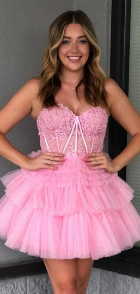 Unique Sweetheart Short A-line Tulle Pink Homecoming Dresses For Party, PGH157