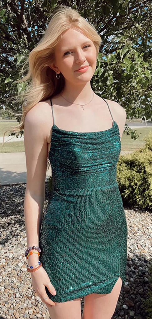 Shiny Spaghetti Strap Sleeveless Short Sequin Mermaid Homecoming Dresses With Slit For Party, PGH161