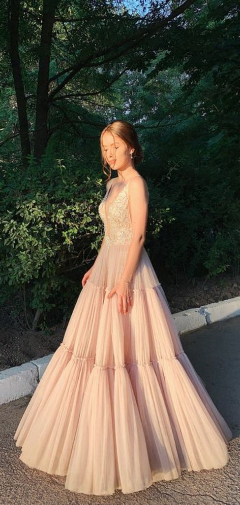 Elegant V-neck Sleeveless A-line Tulle Long Prom Dresses For Party, PG405