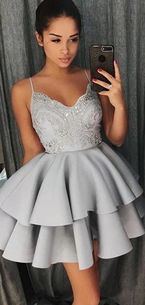 Sexy Spaghetti Strap Sleeveless A-line Satin Short Ruffles Homecoming Dresses For Party, PGH373