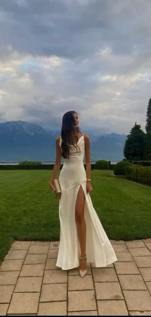 Simple Spaghetti Strap Sleeveless Mermaid Satin Long Prom Dresses With Slit For Party, PG321