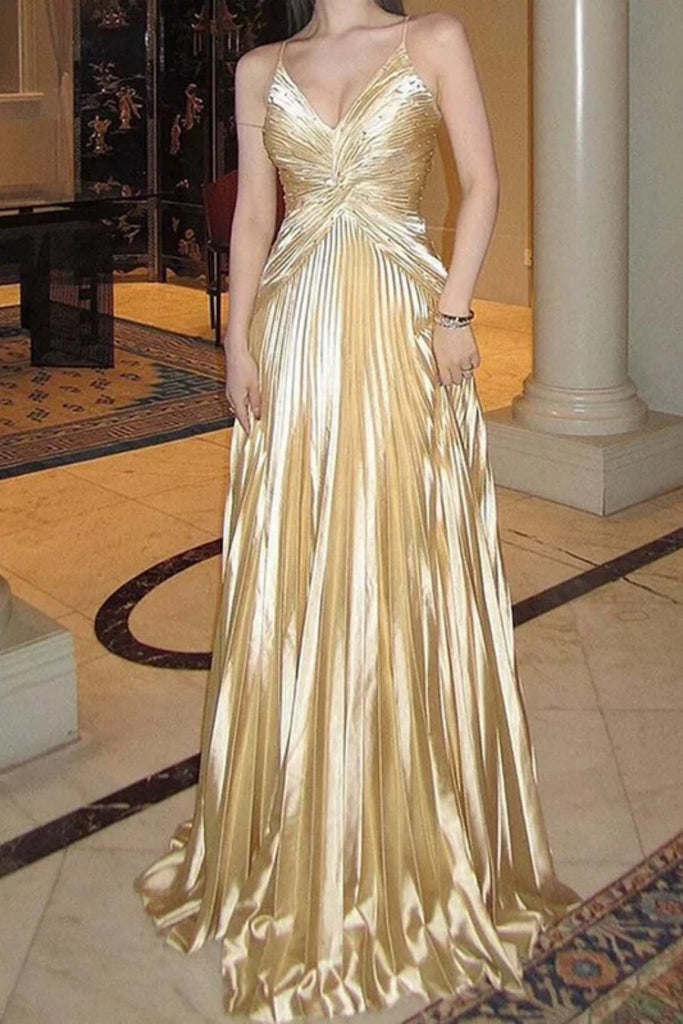 Elegant Spaghetti Strap V-neck Sleeveless A-line Satin Long Prom Dresses For Party, PG477