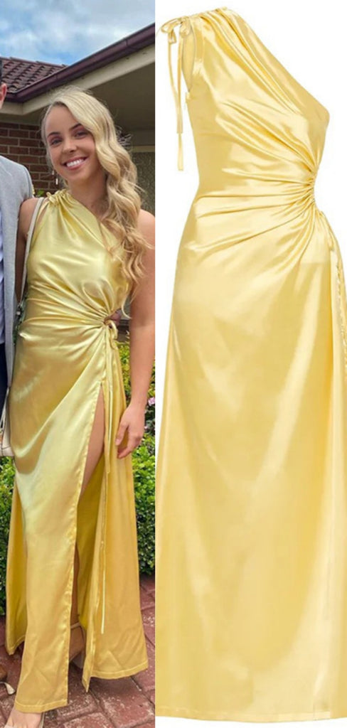 Sexy One-shoulder Sleeveless Mermaid Satin Long Prom Dresses With Slit For Party, PG329