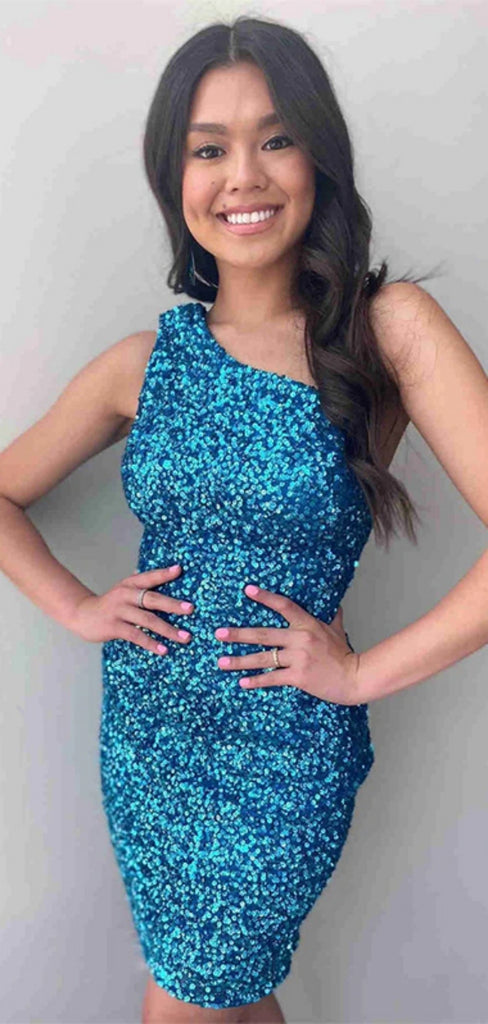 Shiny One-shoulder Sleeveless Short Sequin Mermaid Homecoming Dresses For Party, PGH165