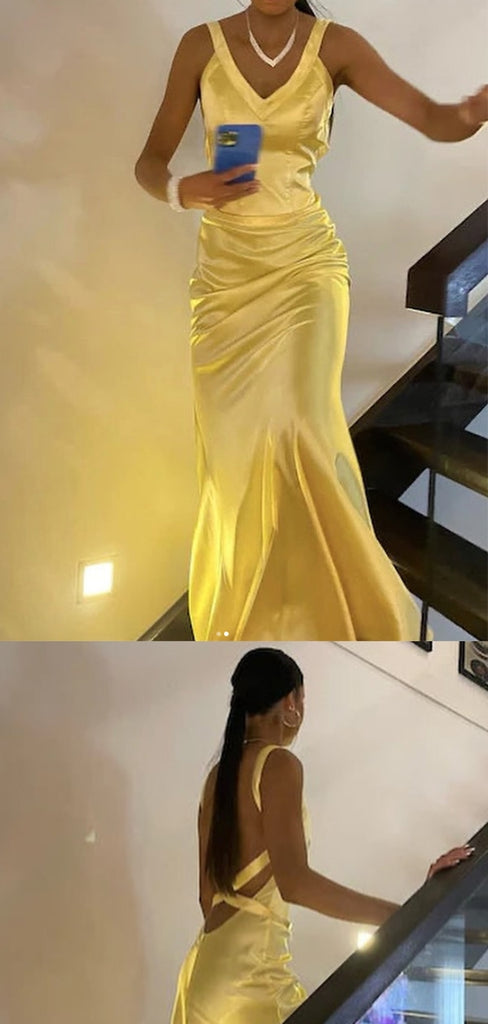 Sexy V-neck Sleeveless Mermaid Satin Long Prom Dresses For Party, PG866