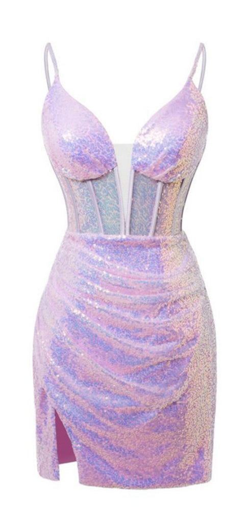 Sexy Spaghetti Strap V-neck Sleeveless Short Mermaid Sequin Homecoming Dresses For Party, PGH217