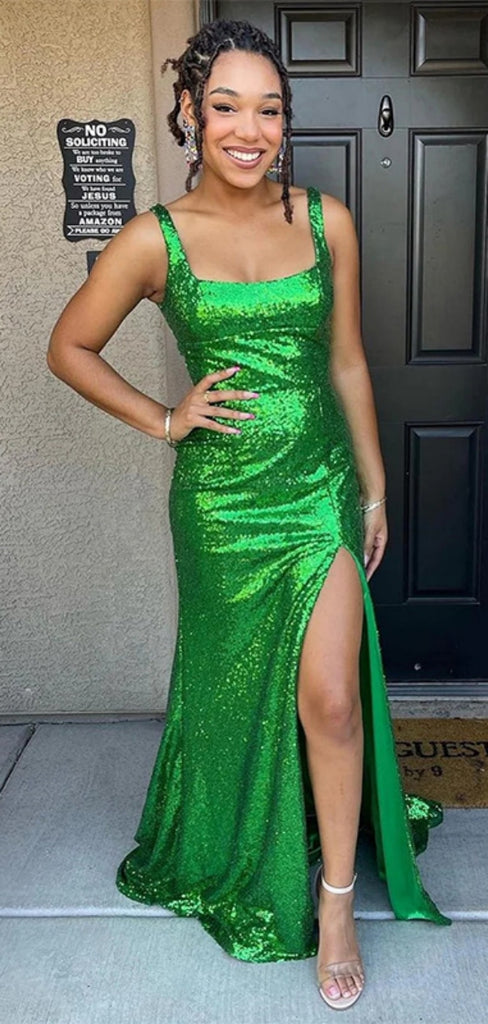 Sexy Square Sleeveless Mermaid Sequin Long Prom Dresses With Slit For Party, PG261